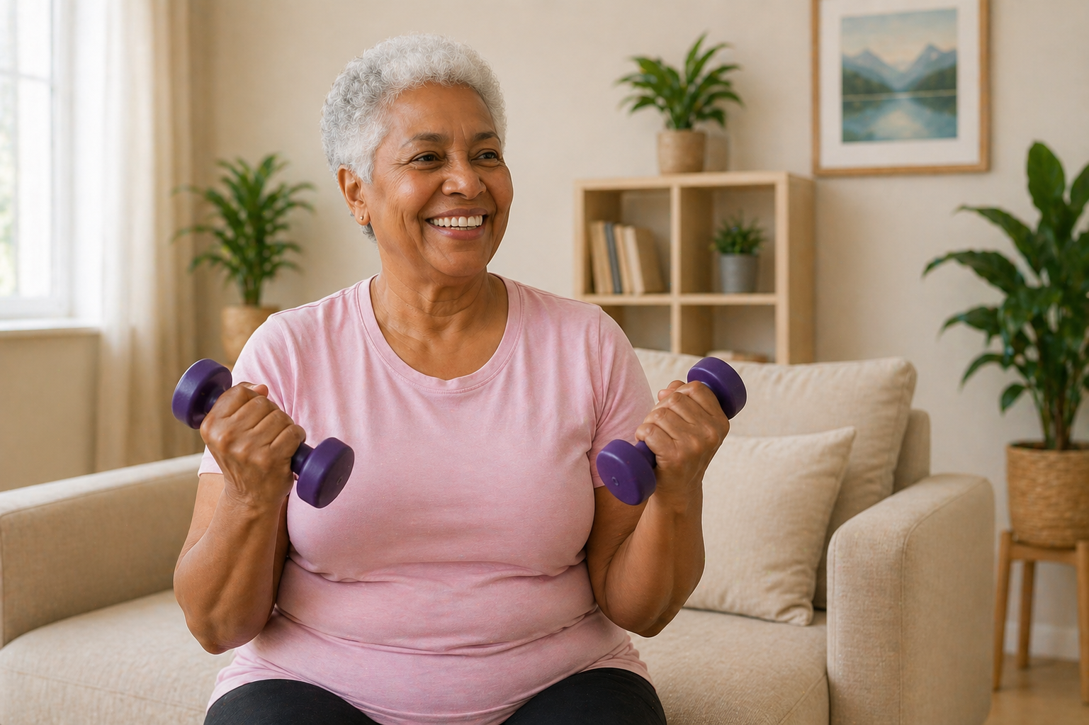 Older woman exercising independently at home with light weights